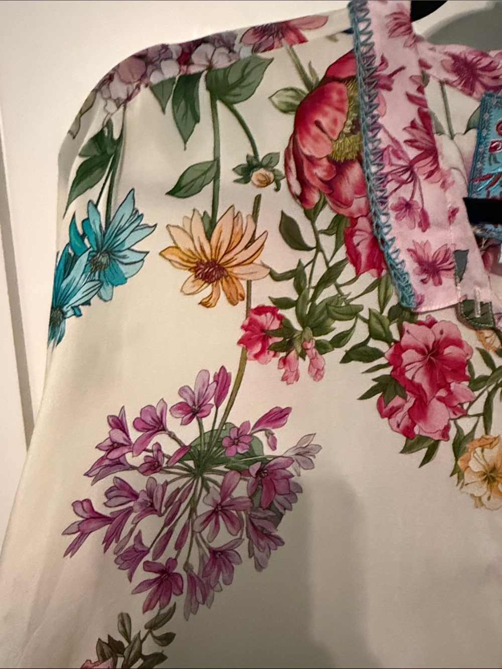Johnny Was 100% Silk Floral and Butterfly Button-Up Blouse with Blue Stripe Hem - Picture 8 of 8